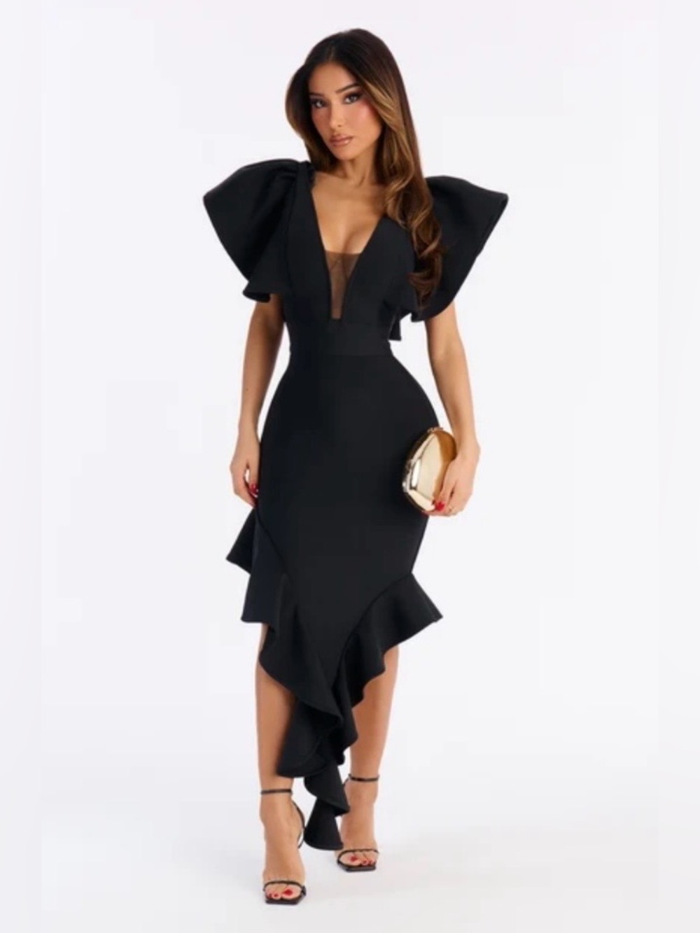Elegant Black asymmetrical Ruffle Dress with Statement Sleeves - Picture 8 of 16